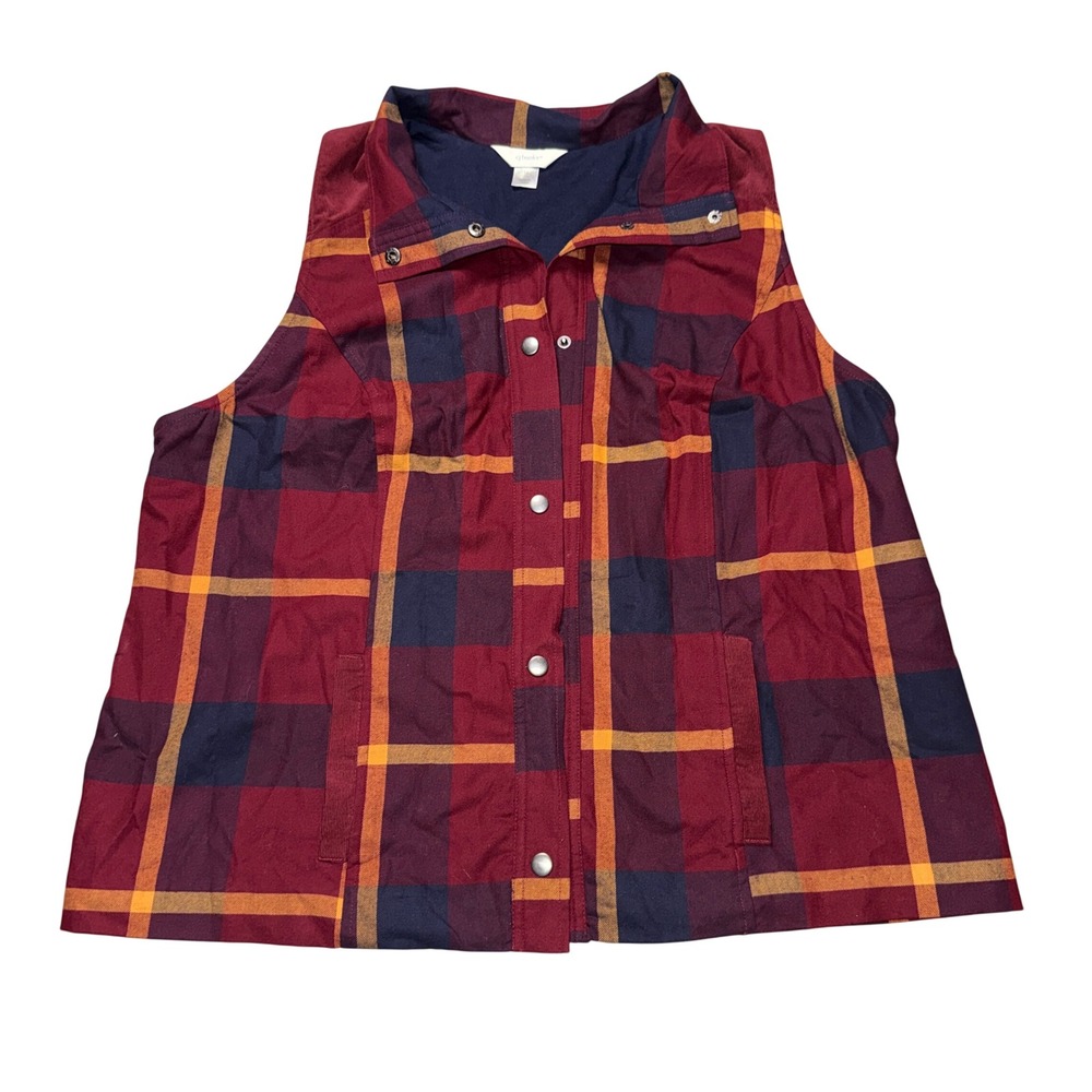 CJ Banks Vest 1X Burgundy Plaid Snap Front Corduroy Trim Pockets Sleeveless